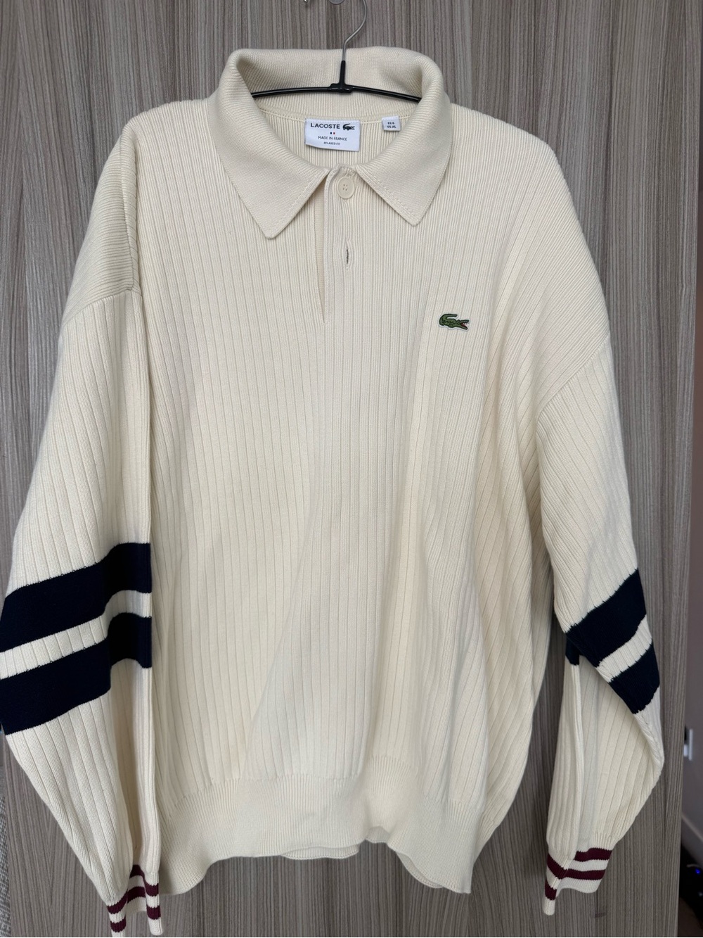 Lacoste Ribbed Polo Sweater - Size XL - Cream with Navy/Burgundy Stripes